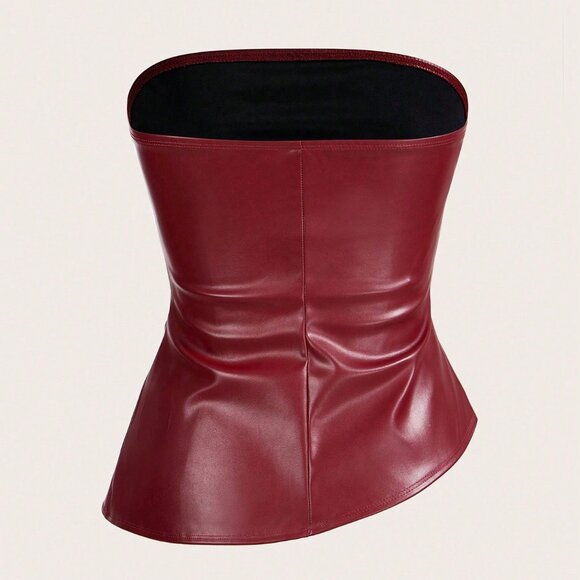 Burgundy Casual Women's Asymmetric Hem faux leather Ruched Tube Top Valentine - Picture 3 of 5